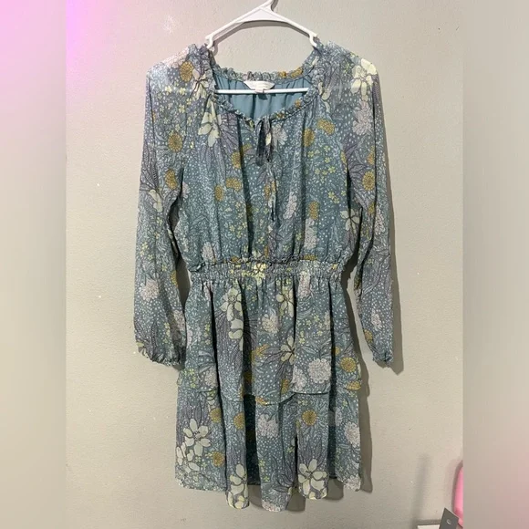 LC Lauren Conrad | Dresses | Lc Lauren Conrad Blue Floral Chiffon Long  Sleeve Mini Dress Boho Womens Xs | Poshmark